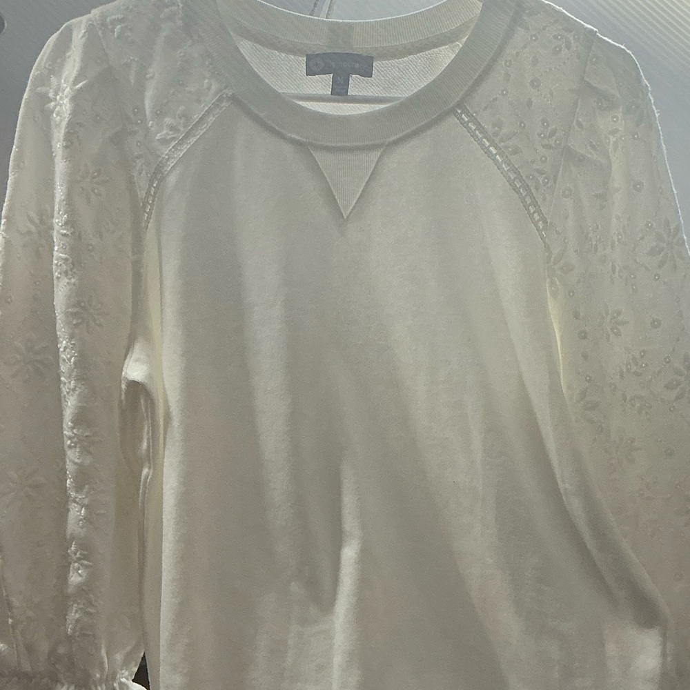 Democracy Cream Crewneck Pullover with Lace Trim